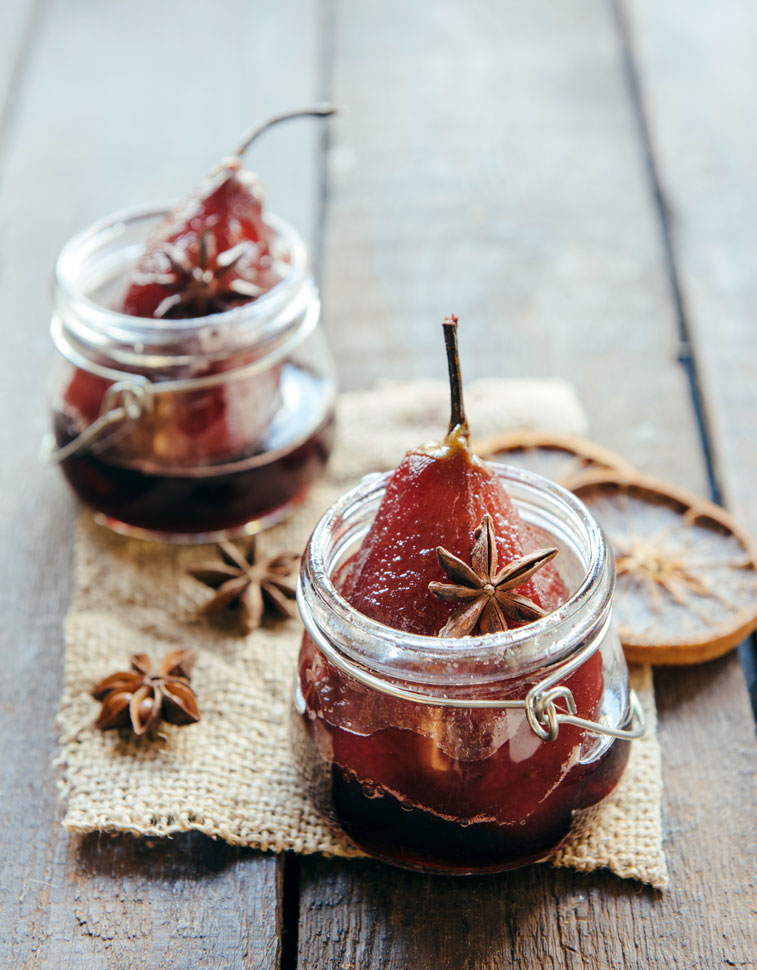 Poached red wine pears